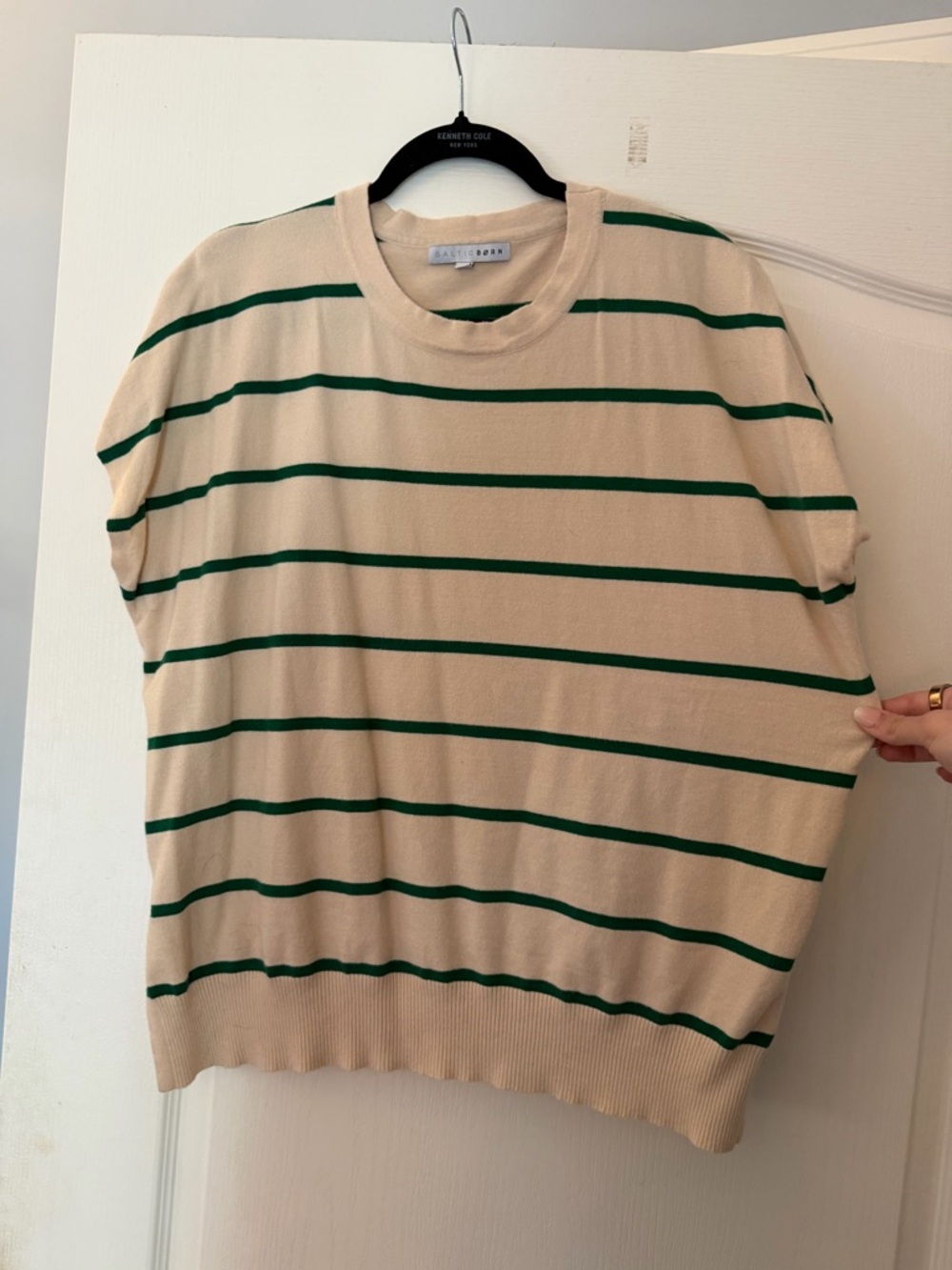 Baltic Born Beige Crewneck Sweater with Green Stripes